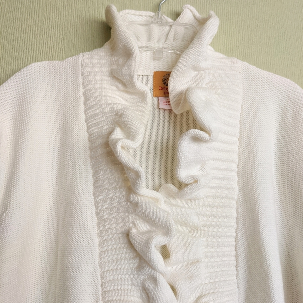 Ruby Rd Ruffled Cardigan Sweater Ivory Open Front Cotton Blend XLP - Picture 6 of 15